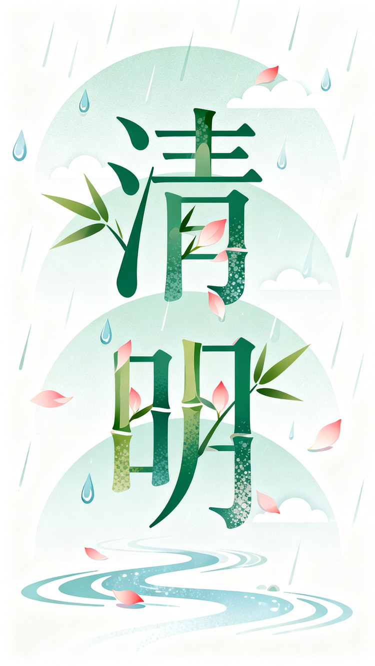 jimeng-2026-04-25-1154-极简字体设计，抽象文字“清明”，字体由竹子与花瓣水滴抽象融合而成，有特效肌理，贴_.jpg